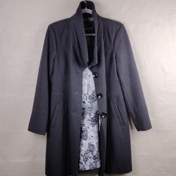 Guess Vintage Gray Wool Blend Shawl Collar Long Sleeve Mid Length Driving Coat - Picture 10 of 14